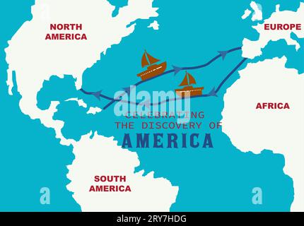 Mappa Columbus Routes dall'Europa all'America. Mappa del mondo con la nave a vela Columbus Route. Infografica del Columbus Day Discovery of America. Spagna ad Americ Illustrazione Vettoriale