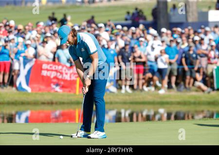 Guidonia Montecelio, Roma, Italia. 29 settembre 2023. Tommy Fleetwood durante la 44a partita della Ryder Cup, Europa contro USA, giorno 1 al Marco Simone Golf di Roma (Credit Image: © Ciro De Luca/ZUMA Press Wire) SOLO EDITORIALE! Non per USO commerciale! Foto Stock