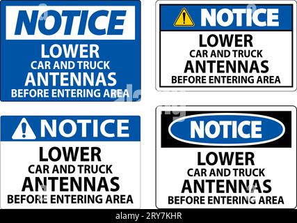 Cartello segnaletico abbassare le antenne dell'auto e del camion prima di entrare nell'area Illustrazione Vettoriale