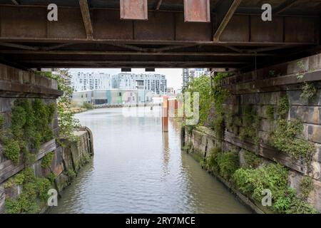 Edificio del Trinity College of Music Laban Dance Centre visto attraverso il ponte ferroviario attraverso il fiume Ravensbourne, o Deptford Creek, Deptford, Londra Foto Stock