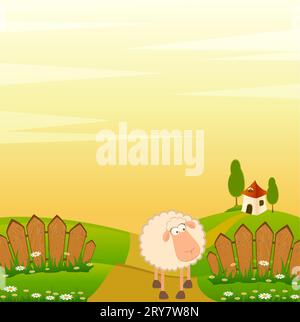 Landscape background with cartoon smiling sheep Stock Photo