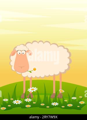 Landscape background with cartoon smiling sheep Stock Photo