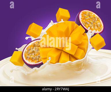 Miscela di mango e frutto della passione che cade in schizzi di latte Foto Stock