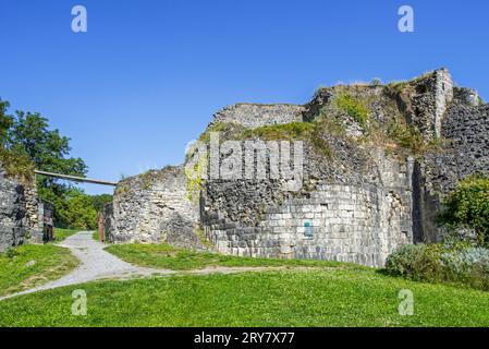 Château de Moha feudale dell'XI secolo, rovine medievali del castello nel villaggio di Moha, Wanze, provincia di Liegi, Vallonia, Belgio Foto Stock