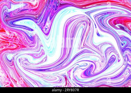 colori voluminosi, motivi dinamici e forme accattivanti mentre la vernice lilla e viola scorrono liberamente, dando forma a una struttura intrigante sul colore astratto Foto Stock
