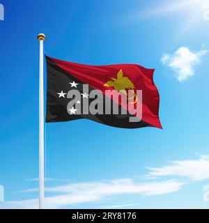 Sventolando la bandiera della Papua nuova Guinea su un'asta con lo sfondo del cielo. Modello per il giorno dell'indipendenza Foto Stock
