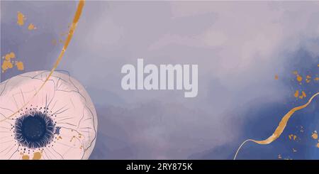 Sfondo banner con motivi floreali ad acquerello in tonalità blu, con tocchi dorati, con spazio per testo e immagini. Foto Stock