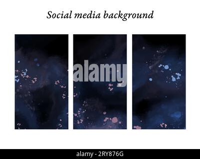 Modelli astratti di design della storia dei social media, concetto del cielo, universo, texture acquerello nei toni blu, rosa e viola. Risorsa grafica con spazio per Foto Stock