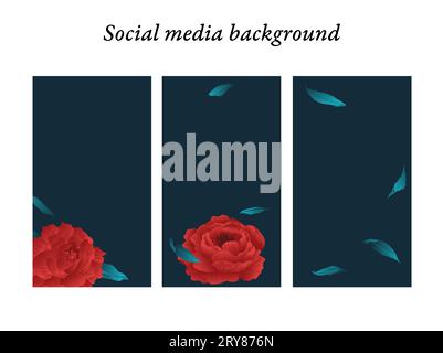 Modelli di design della storia dei social media con motivi floreali moderni in tonalità rosse e sfondo scuro con spazio per testo e immagini. Foto Stock
