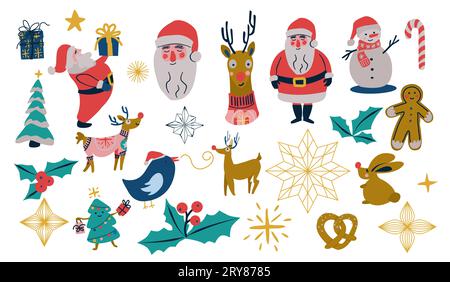 Collezione di elementi decorativi natalizi vettorizzati, con Babbo Natale, albero di Natale, stelle, cervi, regali, uccelli, biscotti al pan di zenzero Foto Stock