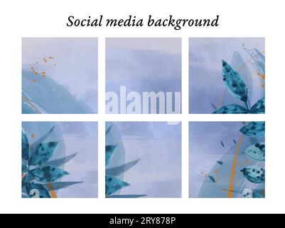 Progettare modelli per i post sui social media con motivi naturalistici. Foglie di acquerello in tonalità blu e tocchi dorati, con spazio per testo e immagini. Foto Stock