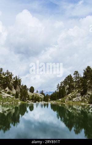 Riflesso della foresta nel lago all'orizzonte in primavera nei Pirenei spagnoli Foto Stock