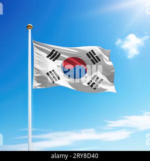 Sventolando la bandiera della Corea del Sud su un'asta con lo sfondo del cielo. Modello per il giorno dell'indipendenza Foto Stock