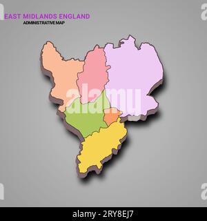 Mappa vuota 3d High Quality dell'East Midlands England è una regione dell'Inghilterra, con confini delle contee cerimoniali e colori diversi. Foto Stock