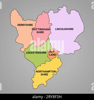 Mappa di alta qualità delle East Midlands England è una regione dell'Inghilterra, con confini delle contee cerimoniali e colori diversi. Foto Stock