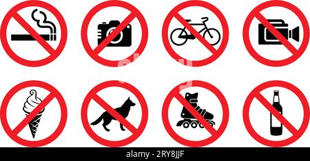 8 cartelli vietati comuni per negozi al dettaglio set simbolo classico semplice in cerchio rosso vettore di barra isolato su sfondo bianco Illustrazione Vettoriale