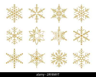 Fiocco di neve dorato per il design della neve. Fiocchi di neve con silhouette dorata isolati su sfondo bianco. Simbolo di blocco. Icona fiocco di neve. Grafica a forma di cristallo di ghiaccio Illustrazione Vettoriale