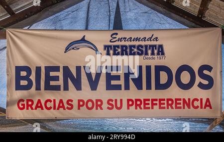 Zihuatanejo, Messico - 18 luglio 2023: Playa larga. Cartello di benvenuto al ristorante Enramada Teresita con un'immagine di delfino Foto Stock