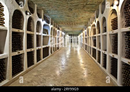 Bottiglie di vino conservate presso le antiche gallerie sotterranee di pietra calcarea della cantina Cricova a Cricova, Moldavia Foto Stock