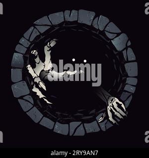 Mano zombie in un buco nella pietra. Illustrazione vettoriale. strisciare gli zombie appena fuori dal pozzo Illustrazione Vettoriale