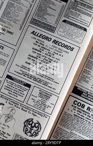 Pubblicità per Allegro Records nel numero degli anni '1970 di NME New Musical Express Music Paper Foto Stock