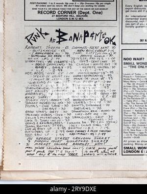Pubblicità per la Punk Records a Bonaporte, OK Croydon, numero degli anni '1970 del NME New Musical Express Music Paper Foto Stock