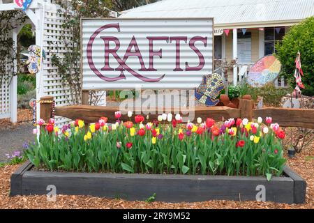 Un letto da giardino di tulipani sotto un cartello dell'artigianato fuori dalla Nannup Community House nella città rurale di Nannup, nel sud-ovest dell'Australia Occidentale. Foto Stock