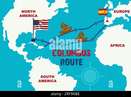 Mappa Columbus Routes dall'Europa all'America. Mappa del mondo con la nave a vela Columbus Route. Infografica del Columbus Day Discovery of America. Spagna ad Americ Illustrazione Vettoriale