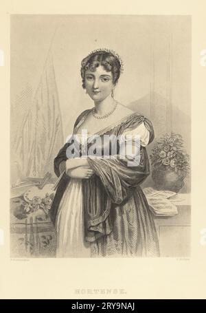 Hortense Bonaparte, Hortense Eugénie Cécile Bonaparte, nata de Beauharnais, 1783-1837. Figliastra dell'imperatore Napoleone i, figlia della sua prima moglie, Joséphine de Beauharnais. In seguito sposò il fratello di Napoleone, Luigi Bonaparte, e divenne regina consorte d'Olanda. Incisione in acciaio di John Rogers su un ritratto di Jules Champagne tratto da The Court of Napoleon or Society Under the First Empire di Frank B. Goodrich, J. B. Lippincott, Philadelphia, 1875. Foto Stock