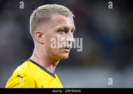 Sinsheim, Deutschland. 29 settembre 2023. Marco Reus (BVB, 11), Einzelbild, Einzelfoto, Aktion, Action, 29.09.2023, Sinsheim (Deutschland), Fussball, Bundesliga, TSG 1899 Hoffenheim - Borussia Dortmund, 29.09.2023, Sinsheim (Deutschland), Fussball, Bundesliga, TSG 1899 HOFFENHEIM - BORUSSIA DORTMUND, LE NORMATIVE DFB/DFL VIETANO L'USO DI FOTOGRAFIE COME SEQUENZE DI IMMAGINI E/O QUASI-VIDEO. Credito: dpa/Alamy Live News Foto Stock