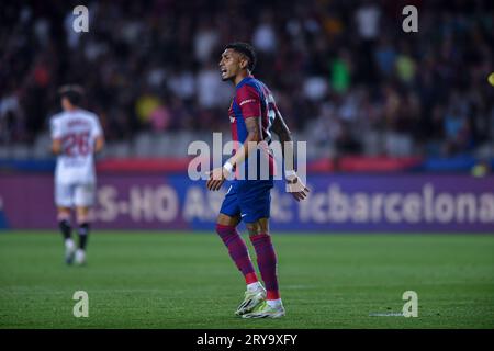 Barcellona, ESP. 29 settembre 2023. FC BARCELONA vs SEVILLA FC 29 settembre 2023 Raphina (11) del FC Barcelona reagisce durante la partita tra FC Barcelona e Siviglia FC corrispondente all'ottavo giorno di la Liga EA Sports allo Stadio Olimpico Lluis Companys di Montjuic a Barcellona, Spagna. Crediti: Rosdemora/Alamy Live News Foto Stock