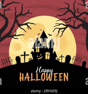 Poster di Halloween, design del modello di volantino. Buon poster della festa di Halloween. Modello di post sui social media con vecchia residenza, cimitero e zucca spaventosa. Illustrazione Vettoriale