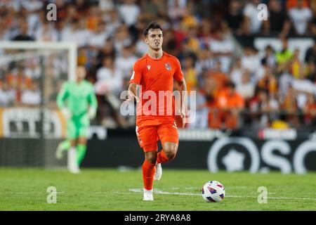 Valencia, Spagna. 27 settembre 2023. Martin Zubimendi (Sociedad) calcio/calcio : spagnolo 'LaLiga EA Sports' partita tra Valencia CF 0-1 Real Sociedad al campo de Mestalla di Valencia, Spagna . Crediti: Mutsu Kawamori/AFLO/Alamy Live News Foto Stock