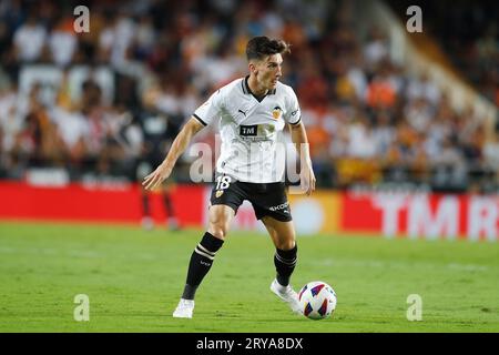 Valencia, Spagna. 27 settembre 2023. Pepelu (Valencia) calcio/calcio: Partita spagnola "LaLiga EA Sports" tra Valencia CF 0-1 Real Sociedad al campo de Mestalla di Valencia, Spagna. Crediti: Mutsu Kawamori/AFLO/Alamy Live News Foto Stock