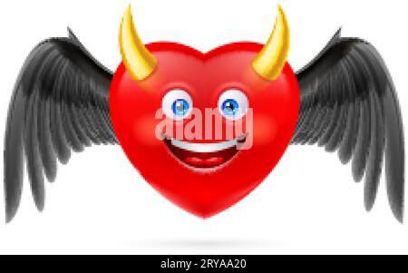 Illustrazione del personaggio Red Devil Heart con ali nere e corni dorati. Simbolo amore romantico Lovesickness. Decorazioni per biglietti d'auguri di San Valentino o M Illustrazione Vettoriale