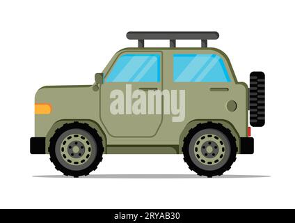 suv fuoristrada con design piatto vettoriale. Veicolo jeep dell'esercito militare isolato su sfondo bianco Illustrazione Vettoriale