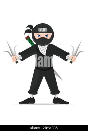 Ninja Warrior Cartoon personaggio Vector Illustration isolato su sfondo bianco Illustrazione Vettoriale
