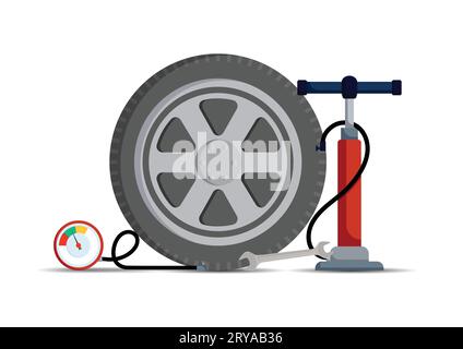Stazione di servizio pneumatici per automobili con design piatto vettoriale. Attrezzi per la riparazione della ruota Illustrazione Vettoriale