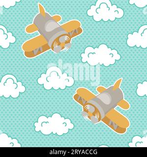 Aerei giocattolo tra soffici nuvole su sfondo blu con cuori blu Illustrazione Vettoriale