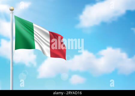 Sventolando la bandiera dell'Italia sullo sfondo del cielo. Modello per il design del poster del giorno dell'indipendenza Illustrazione Vettoriale