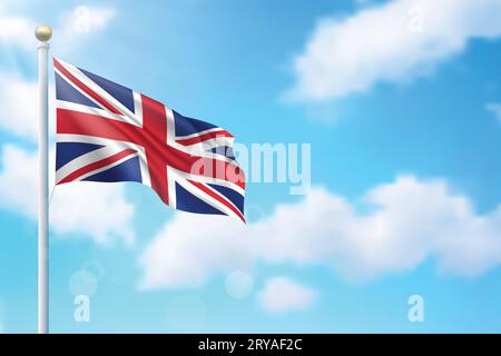 Sventolando la bandiera del Regno Unito sullo sfondo del cielo. Modello per il design del poster del giorno dell'indipendenza Illustrazione Vettoriale