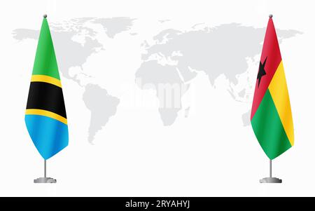 Tanzania e Guinea Bissau bandiere per un incontro ufficiale sullo sfondo della mappa mondiale. Illustrazione Vettoriale