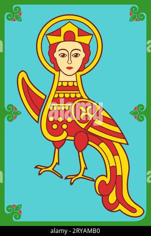 Poster di Siren o Paradise Bird, Firebird. Antico simbolo popolare. Illustrazione vettoriale. Illustrazione Vettoriale