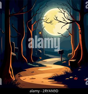 Zucche di Halloween e sagome alberi nella foresta notturna buia con nebbia blu. Fantastico paesaggio misterioso. Sfondo foresta di Foggy. Concetto paranormale, mistico. Illustrazione vettoriale. Illustrazione Vettoriale