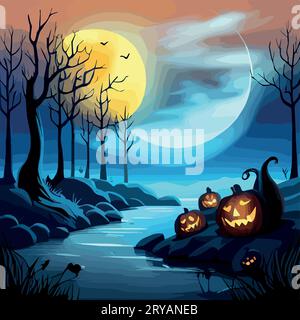 Scena di Halloween. L'incubo inquietante ha uno sfondo sbalorditivo, il paesaggio horror dei cartoni animati spaventoso fantasma alla tomba di pietre tombali nella collina della foresta oscura con luna piena, illustrazione vettoriale di halloween Illustrazione Vettoriale