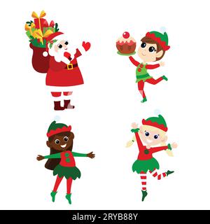 Set di Babbo Natale ed elfi in stile cartone animato isolato su sfondo bianco. Simpatici e positivi personaggi di Natale. Illustrazione Vettoriale