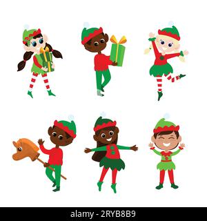 Prepara gli elfi di Natale. Ragazzi e ragazze multiculturali in costumi tradizionali degli elfi. Ballano, sorridono, portano regali, cavalcano su un cavallo di legno. Illustrazione Vettoriale