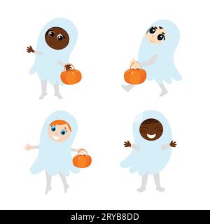 Metti i bambini in costumi fantasma con cestini in mano. Illustrazione di Halloween in stile cartone animato isolato su sfondo bianco. Illustrazione Vettoriale