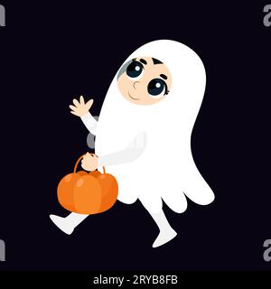 Un bambino vestito da fantasma bianco corre con un cestino di caramelle. Il personaggio di Halloween è felice e felice. Illustrazione del cartone animato isolata su sfondo bianco. Illustrazione Vettoriale