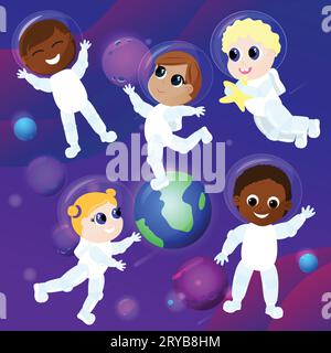 Un gruppo di bambini multiculturali in costumi da astronauta si trovano nello spazio. Si divertono sullo sfondo del pianeta Terra e di altri pianeti. Illustrazione Vettoriale
